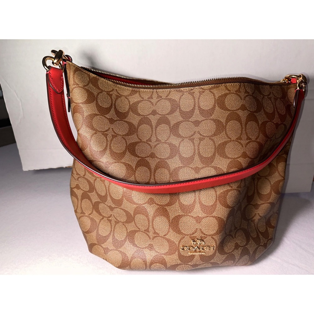 Coach Sutton Hobo Bag Signature Canvas Tan Red 90838